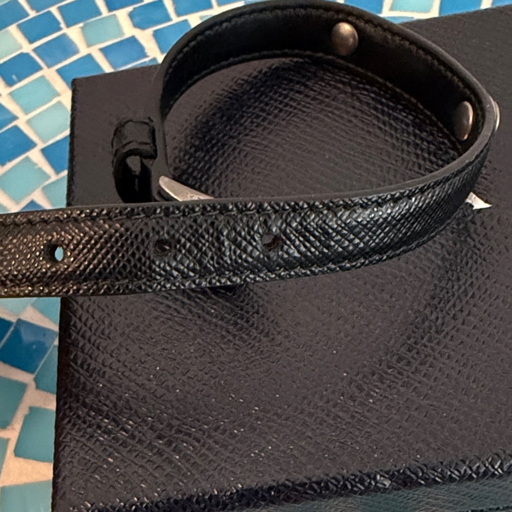 Prada Black Leather Bracelet with Brushed Metal Logo Plate - Picture 4 of 8